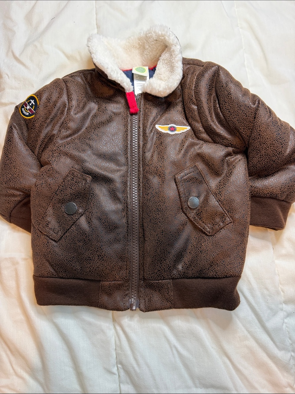 Little Me Brown Faux-Leather Puffer Jacket with Sherpa Collar